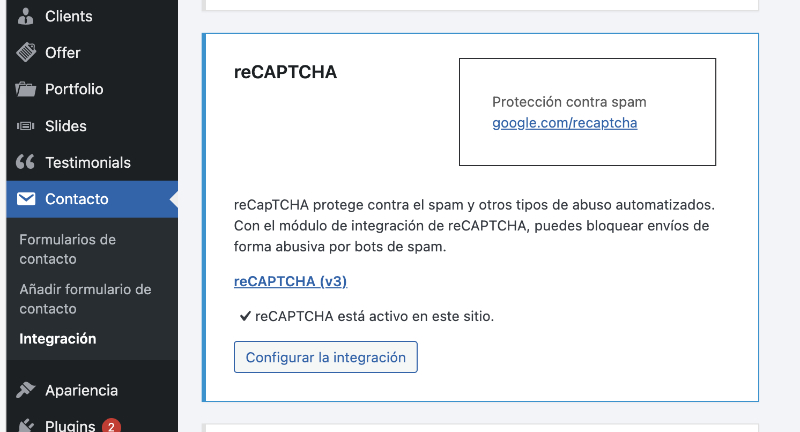 Configuración reCAPTcha y plugin Contact Form 7